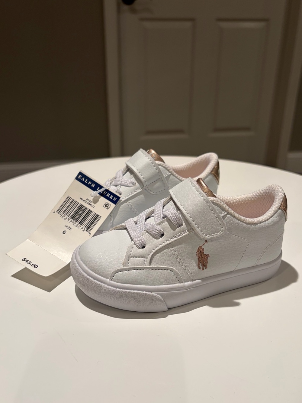 Ralph Lauren Toddler White Sneakers with Rose Gold Pink Pony Accent